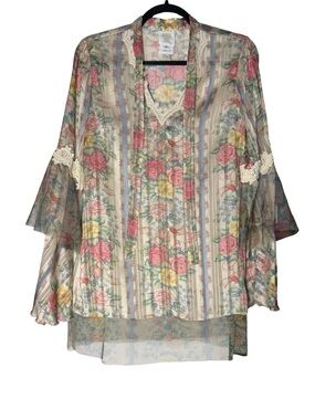 Anna Sui Sheer Floral Lace Bell Sleeve Boho Fairy Cottagecore tunic Blouse Sz 2